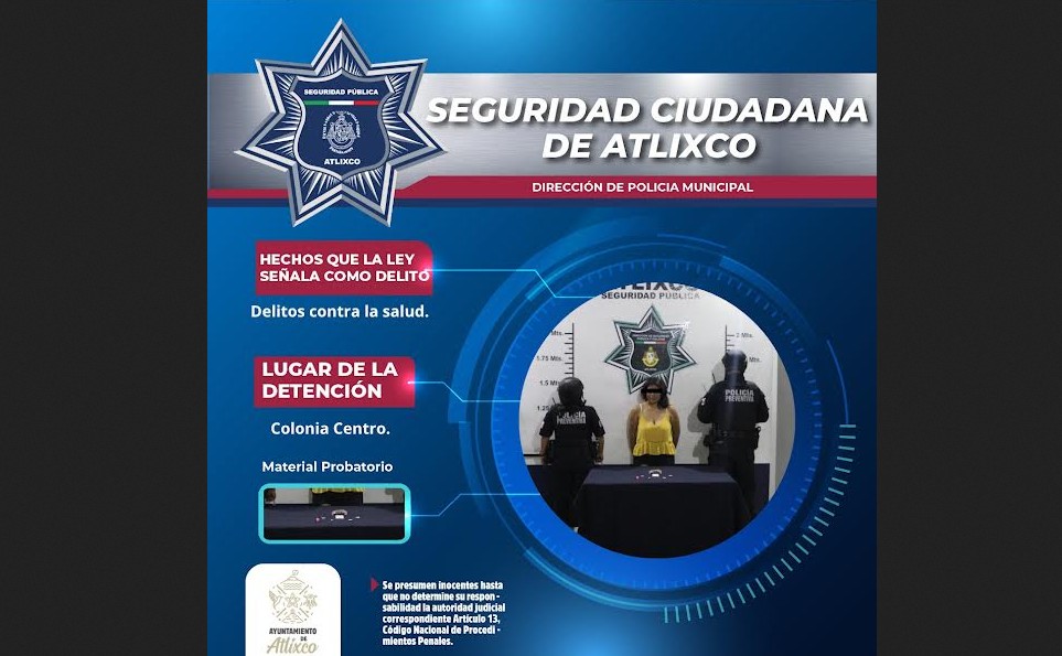 Foto: Cortesía Mujer detenida en Atlixco con marihuana y “cristal” durante patrullaje nocturno