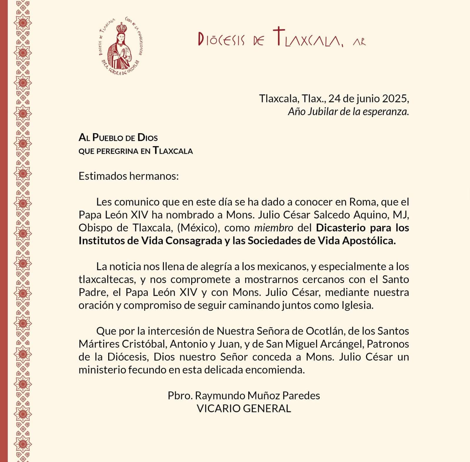 Tlaxcala es llamado al Vaticano: Obispo recibe nombramiento de Papa León XIV 