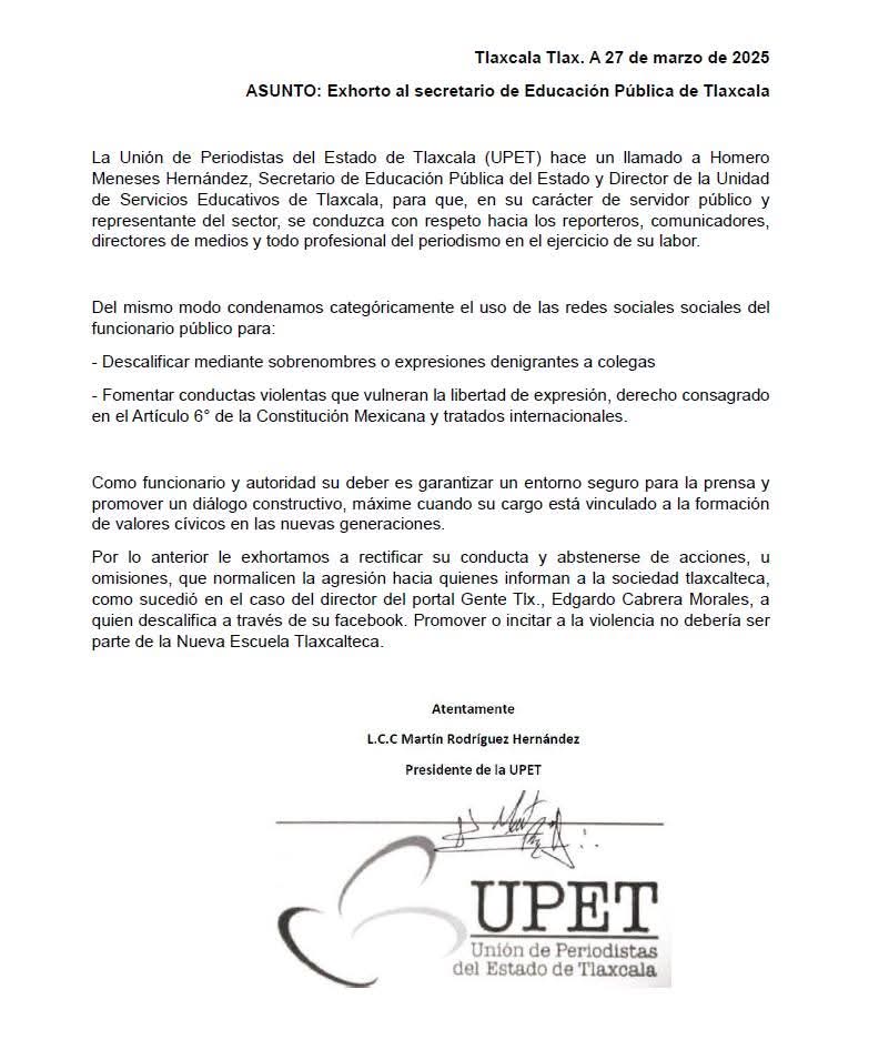 Exige UPET a secretario de educación a gremio periodístico ante descalificaciones 