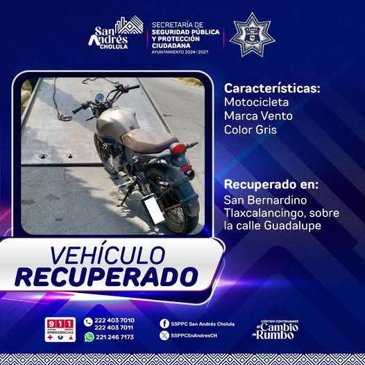 Por: Cortesía Lula Pineda Recuperan motocicleta con reporte de robo en Tlaxcalancingo