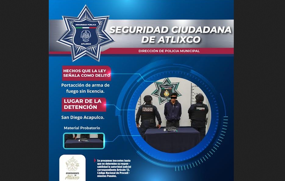 Foto: Cortesía Detienen a hombre armado con posible cristal en San Diego Acapulco, Atlixco