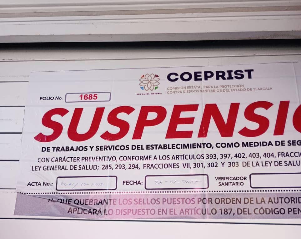 Suspenden 18 negocios en Tlaxcala por incumplir normas sanitarias