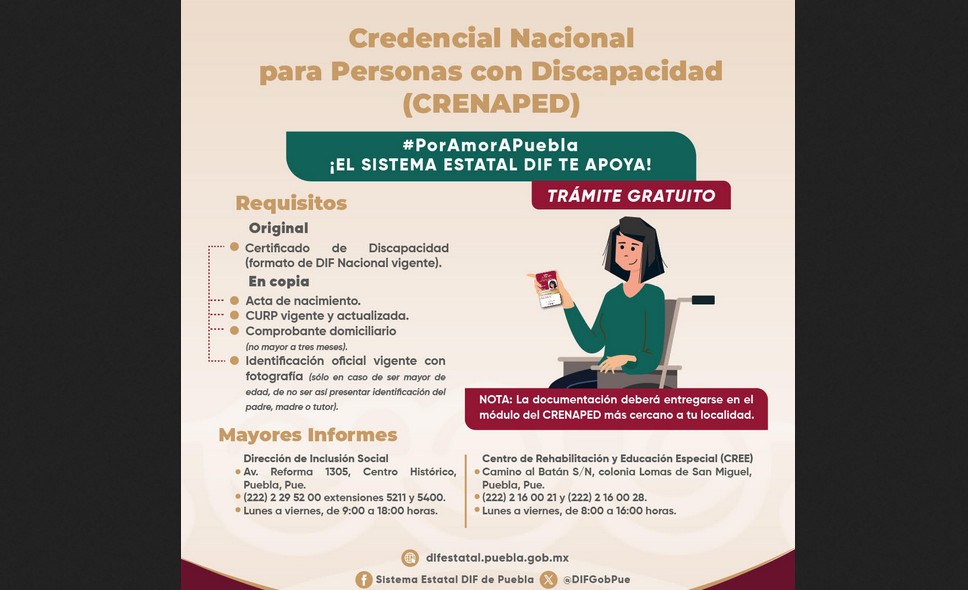 Foto: Cortesía Credencial CRENAPED: gratuita, oficial y con beneficios en Puebla
