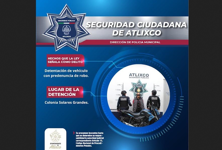Foto: Cortesía Respuesta inmediata permite recuperar motocicleta robada en Atlixco