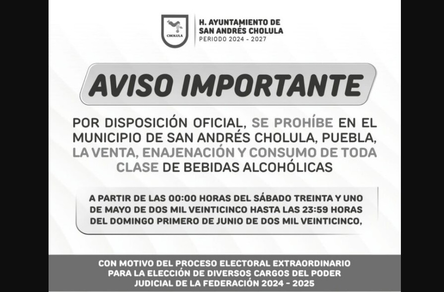 Foto: Cortesía Aplican ley seca en Puebla por elecciones del Poder Judicial