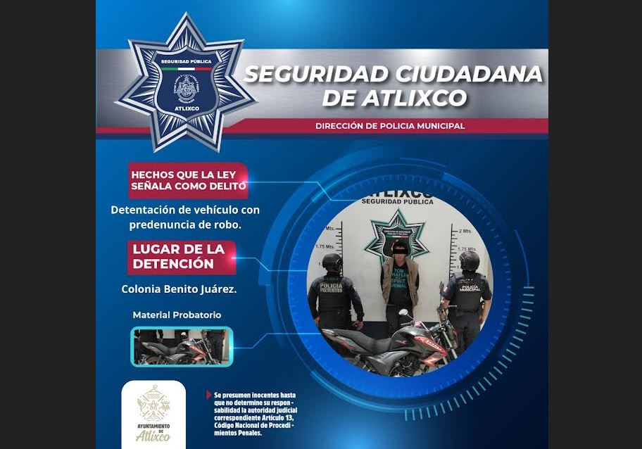 Foto: Cortesía Recuperan motocicleta con reporte de robo en Atlixco
