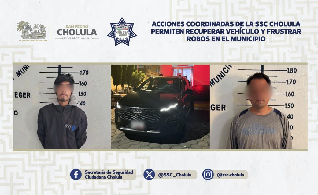 Acciones coordinadas de la SSC Cholula permiten recuperar vehículo y frustrar robos en el municipio