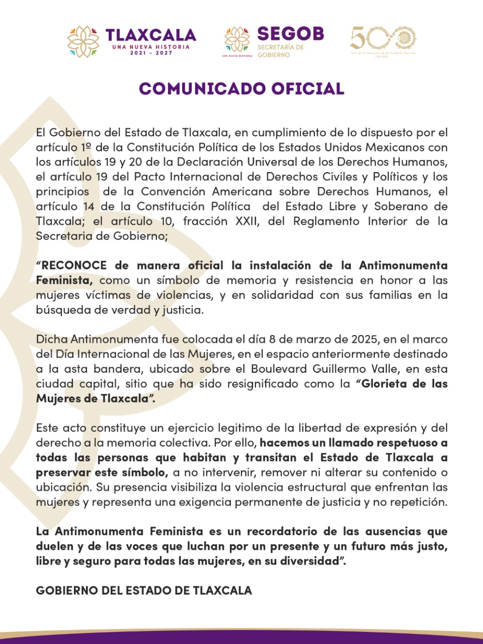 Foto: Cortesía Tlaxcala reconoce oficialmente la Antimonumenta Feminista como símbolo de justicia