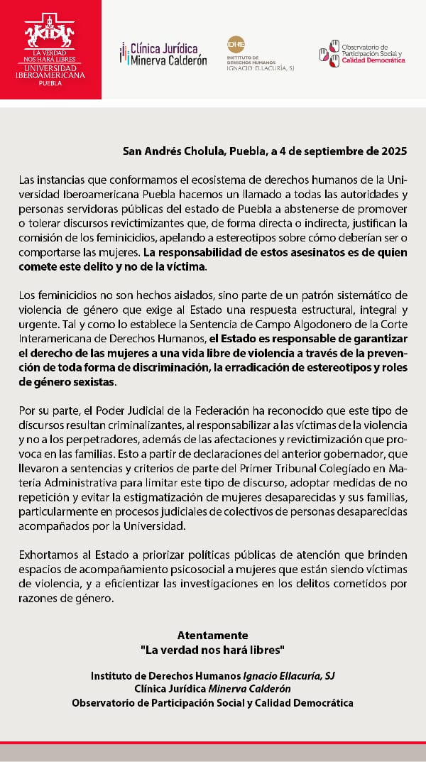 IBERO Puebla exige frenar discursos que revictimizan a mujeres víctimas de feminicidio