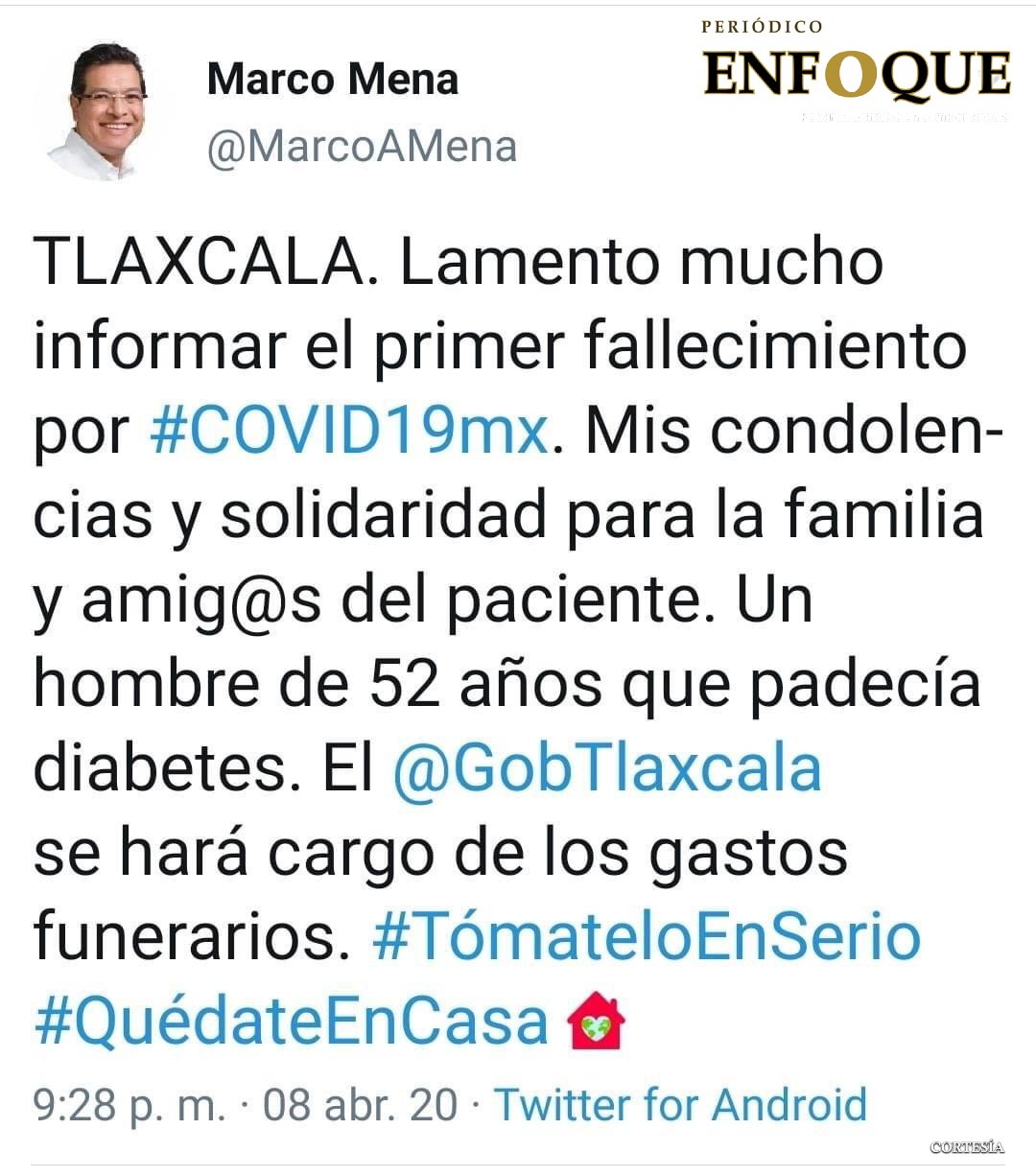 Foto: Cortesía Informa Marco Mena primer fallecimiento por Covid 19 en Tlaxcala