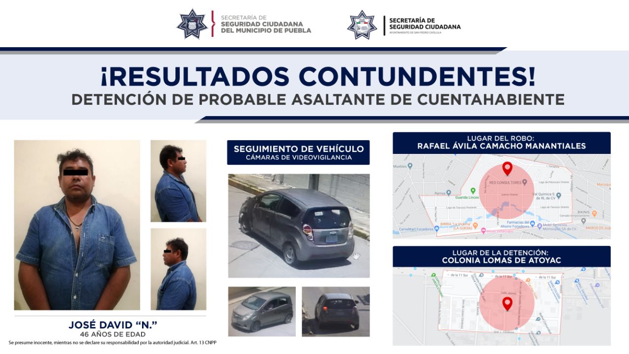 Foto: Cortesía En acción conjunta, detuvieron policías municipales de Puebla y San Pedro Cholula a probable asaltante de cuantahabiente