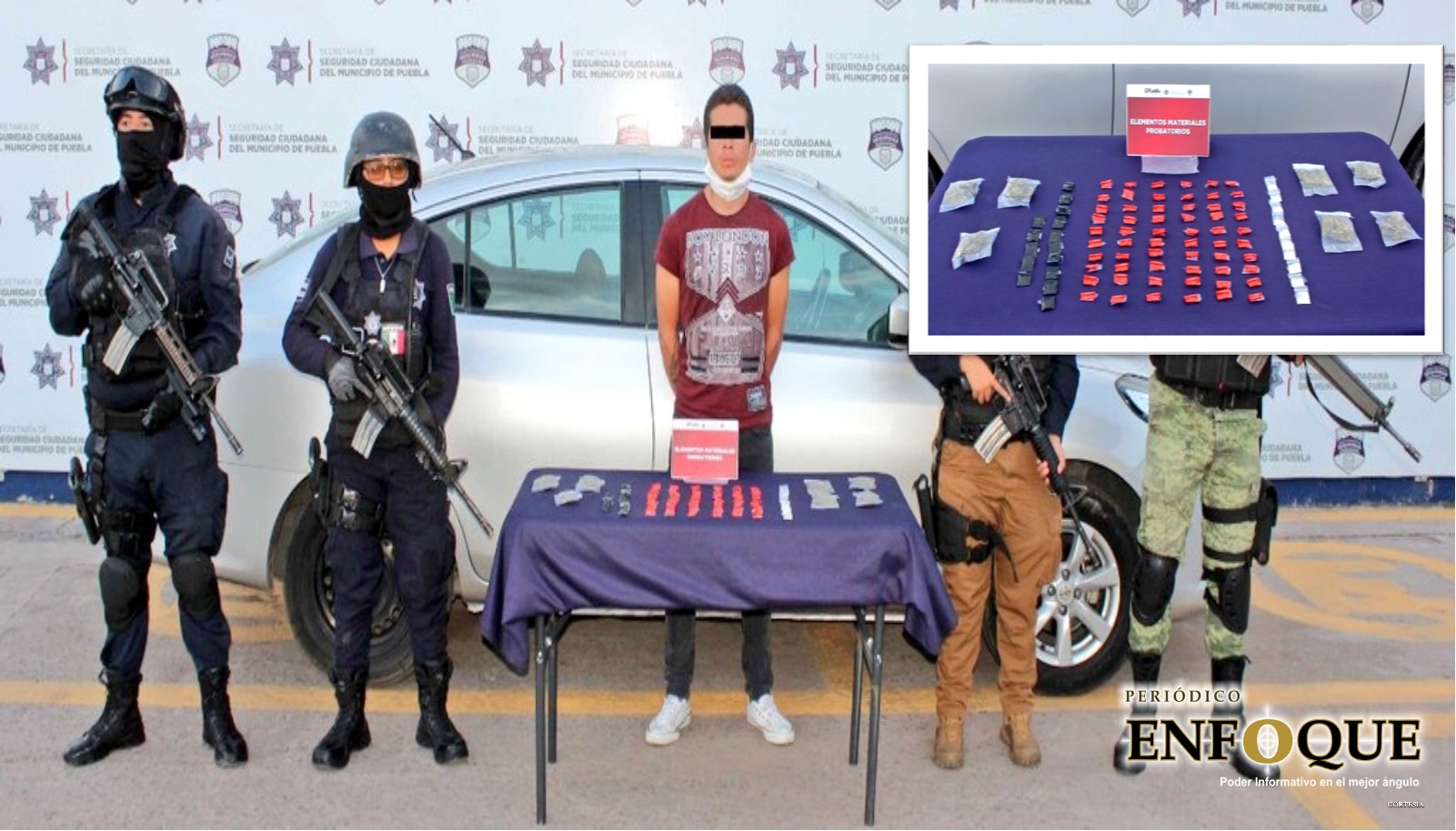 Detienen en Amozoc a dos hombres con más de 90 dosis de marihuana, cocaína y cristal