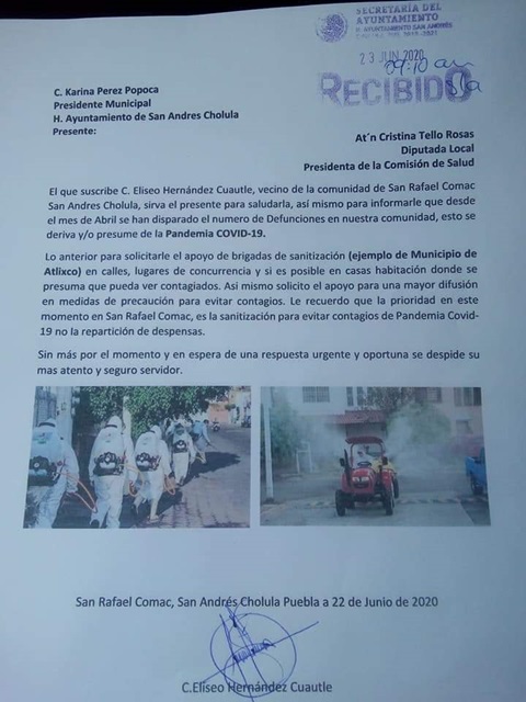 Foto: Cortesía Piden a Karina Pérez sanitización en San Rafael Comac ante aumento de muertes