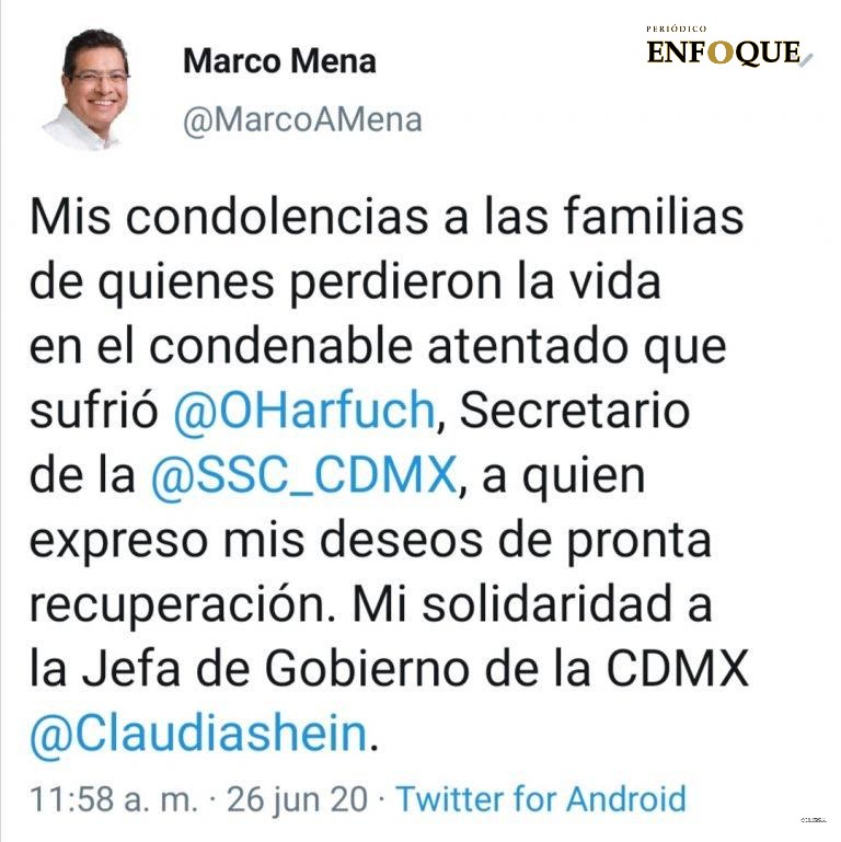 Foto: Cortesía Condena Marco Mena ataque a García Harfuch Condena Marco Mena ataque a García Harfuch