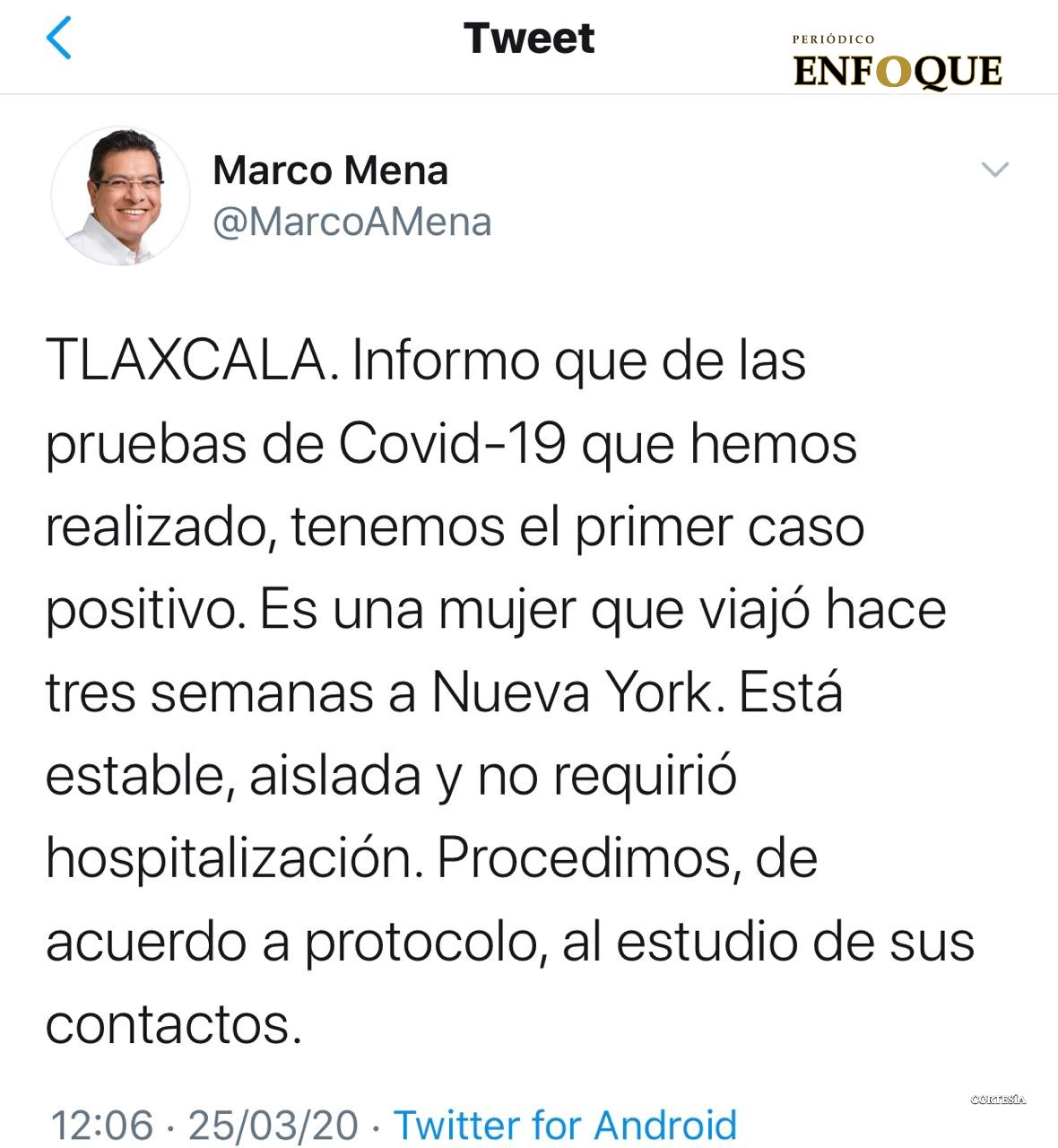 Foto: Cortesía Primer caso positivo de Covid 19 es oficial en Tlaxcala