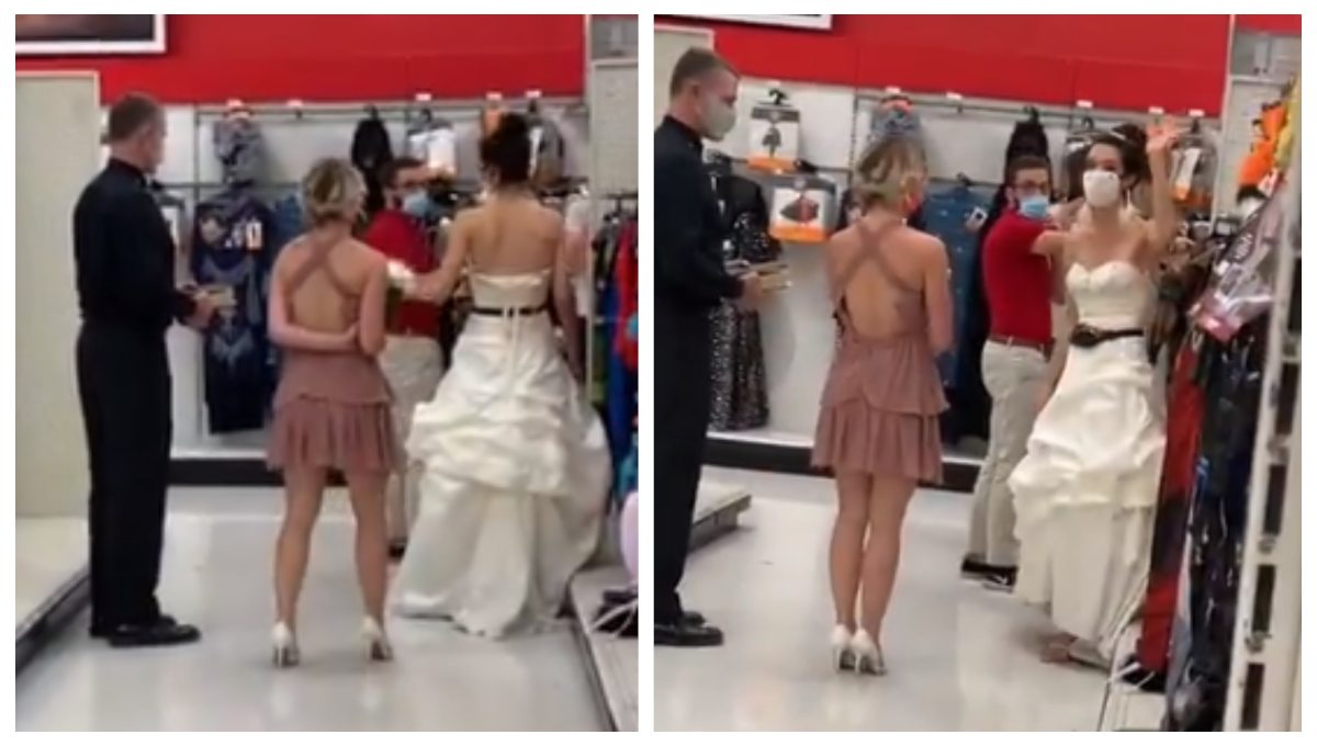 Foto: Cortesía ¡Boda estilo 2020! Con vestido y sacerdote, mujer llega al trabajo de su pareja para casarse