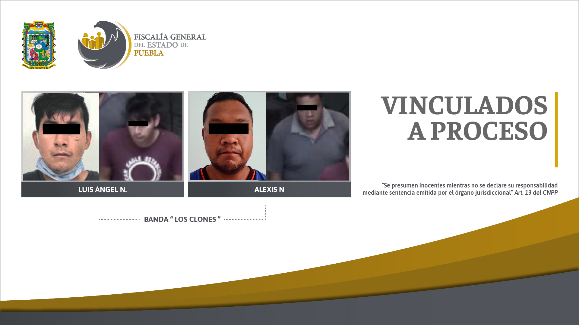 Foto: Cortesía Resultado de una investigación integral en torno a la comisión de robos en cadenas comerciales de la zona metropolitana, la Fiscalía General del Estado de Puebla aprehendió y obtuvo vinculación a proceso de Luis Ángel N. y Alexis N., identificados como integrantes de la banda “Los Clones”. Se desprende de las diversas indagatorias que, los presuntos responsables ingresaron a tiendas de conveniencia ubicadas en las colonias San Sebastián y Santa Cruz Buenavista en la capital poblana, simulando ser clientes, una vez dentro amagaron al personal con armas de fuego y armas blancas para sustraer mercancía y dinero en efectivo. Mediante el análisis de la información obtenida, la Fiscalía de Puebla solicitó y obtuvo orden de aprehensión contra dos de los presuntos implicados, quienes además fueron identificados a través de la técnica de investigación denominada reconocimiento de persona, prueba en la que colaboraron algunas de las víctimas. Con la identificación, rastreo y localización de los presuntos responsables, elementos de la Agencia Estatal de Investigación aprehendieron a Luis Ángel N. el 3 de julio de 2020 y a Alexis N. el 13 de septiembre de 2020. Al llevarse a cabo las respectivas audiencias, la Fiscalía de Puebla presentó datos probatorios ante la autoridad judicial, misma que determinó vincular a proceso a los imputados por el delito de robo agravado. Luis Ángel N. y Alexis N., permanecerán en prisión preventiva oficiosa como medida cautelar, en tanto continúa el proceso de investigación ya que se tiene conocimiento de la posible participación de la banda “Los Clones” en al menos 20 hechos registrados en los municipios de Puebla, Coronango y Cuautlancingo.