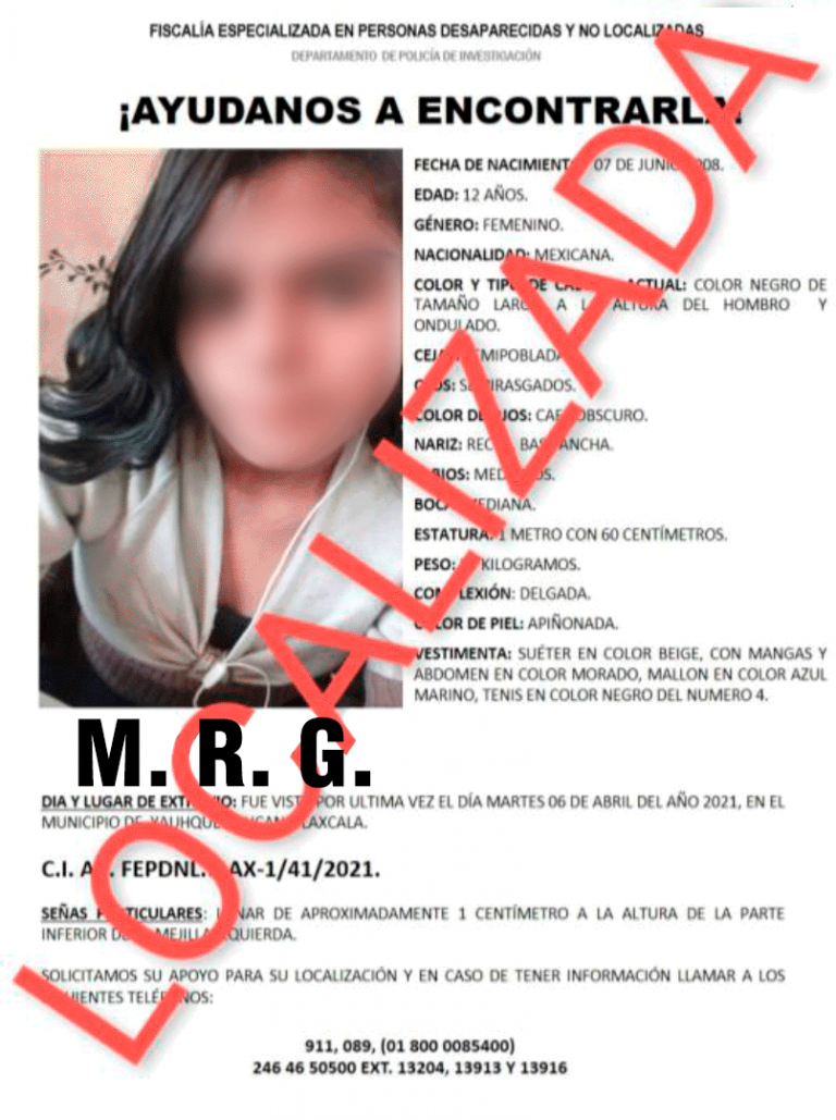 Por: Cortesía  Localiza PGJE a menor de edad reportada como extraviada