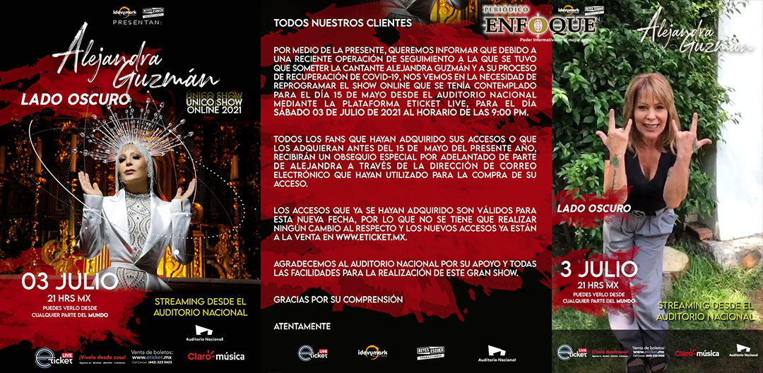 Por: Cortesía Alejandra Guzmán, “Lado obscuro”, se pospone para el 03 de julio de 2021, streaming, Auditorio Nacional. Comunicado de la cantante y organizadores.