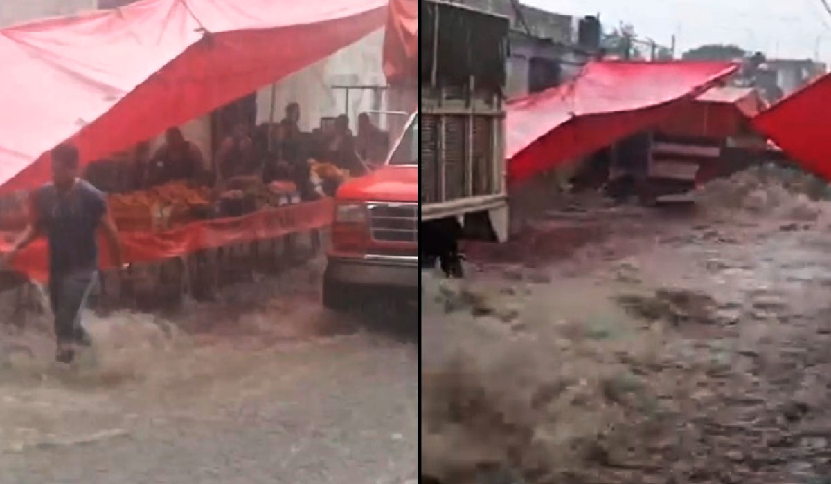 Por: Cortesía Torrente por aguacero en Tlalnepantla arrasa con tianguis y se lleva a vendedores