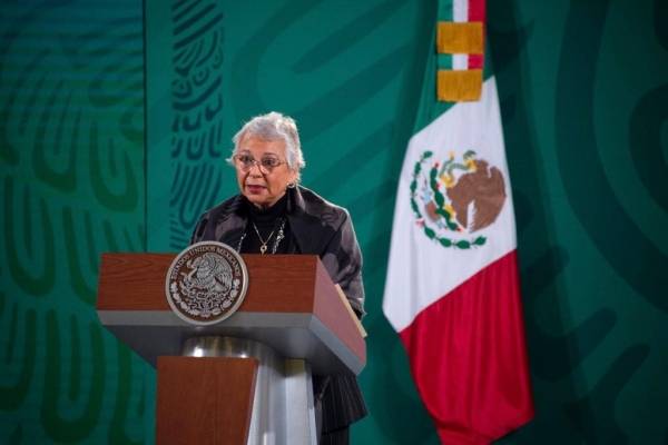 Foto: Cortesía La mañanera sin AMLO: La secretaria de gobierno, Olga Sánchez Cordero dirige la conferencia desde Palacio Nacional