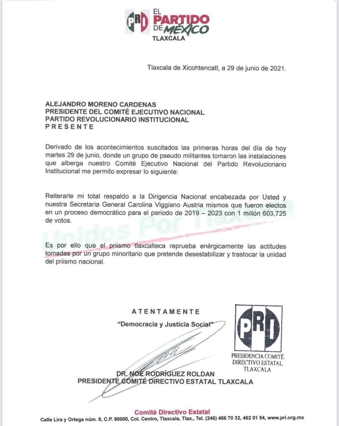 Por: Cortesía En Tlaxcala, PRI respalda a presidente nacional tras toma del CEN