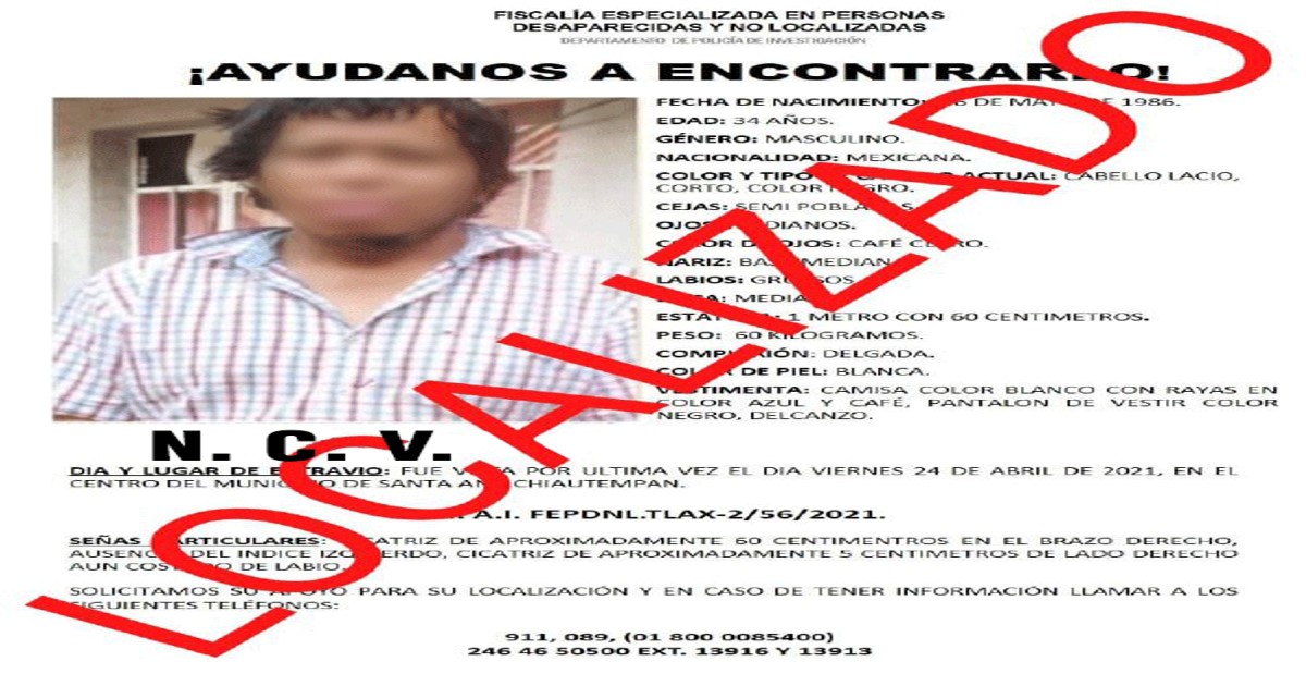 Localiza PGJE a hombre reportado como extraviado en Chiautempan