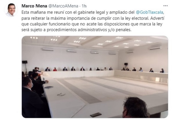 Por: Cortesía Marco Mena reúne a gabinete estatal para reiterar cumplimiento de ley electoral