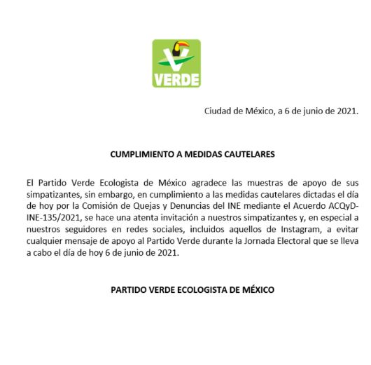 Partido Verde acatará orden del INE; pide evitar mensajes de apoyo