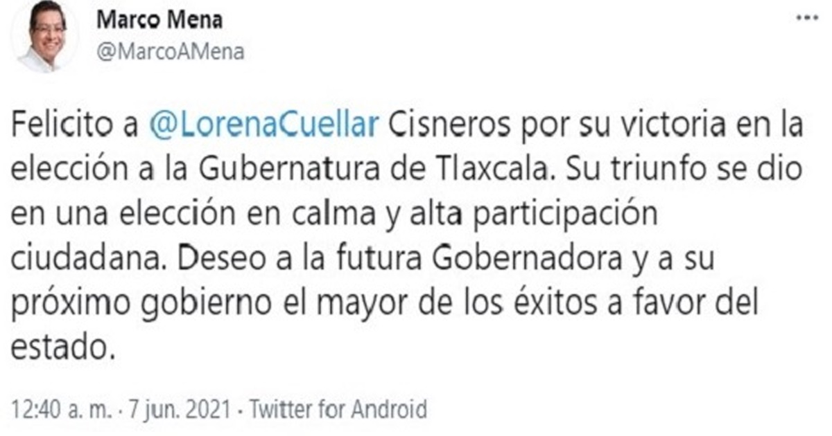 Por: Cortesía Marco Mena felicita a Lorena Cuéllar por su victoria en la elección para la Gubernatura de Tlaxcala