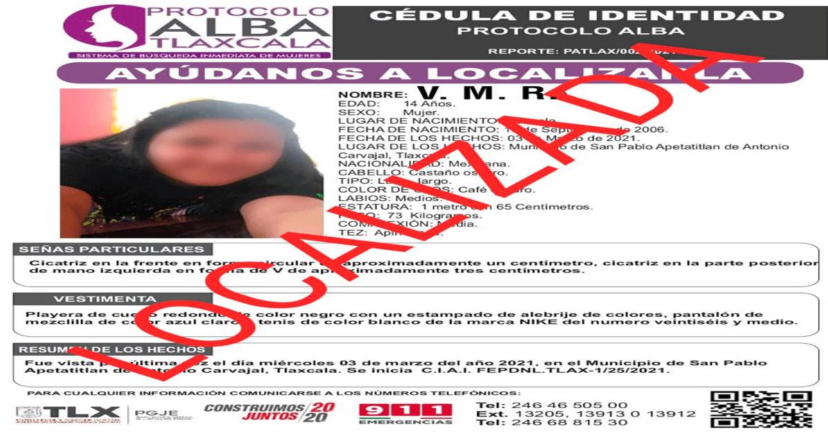 Foto: Cortesía Ubica PGJE a menor reportada como extraviada en Tlaxcala