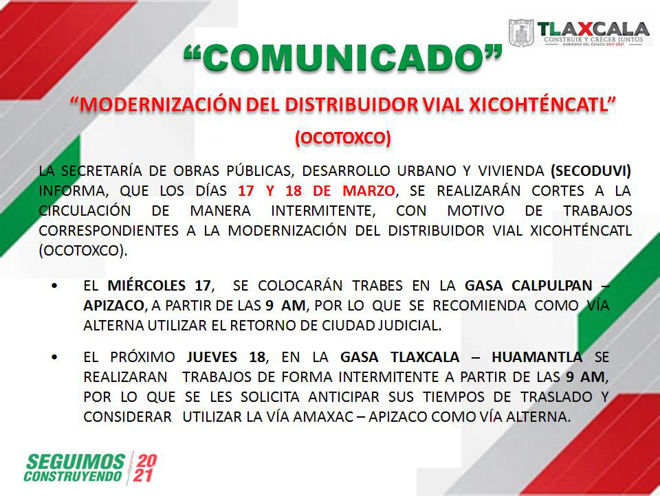 Foto: Cortesía Anuncia SECODUVI cortes a la circulación el 17 y 18 de marzo para continuar con trabajos del distribuidor carretero Xicohténcatl