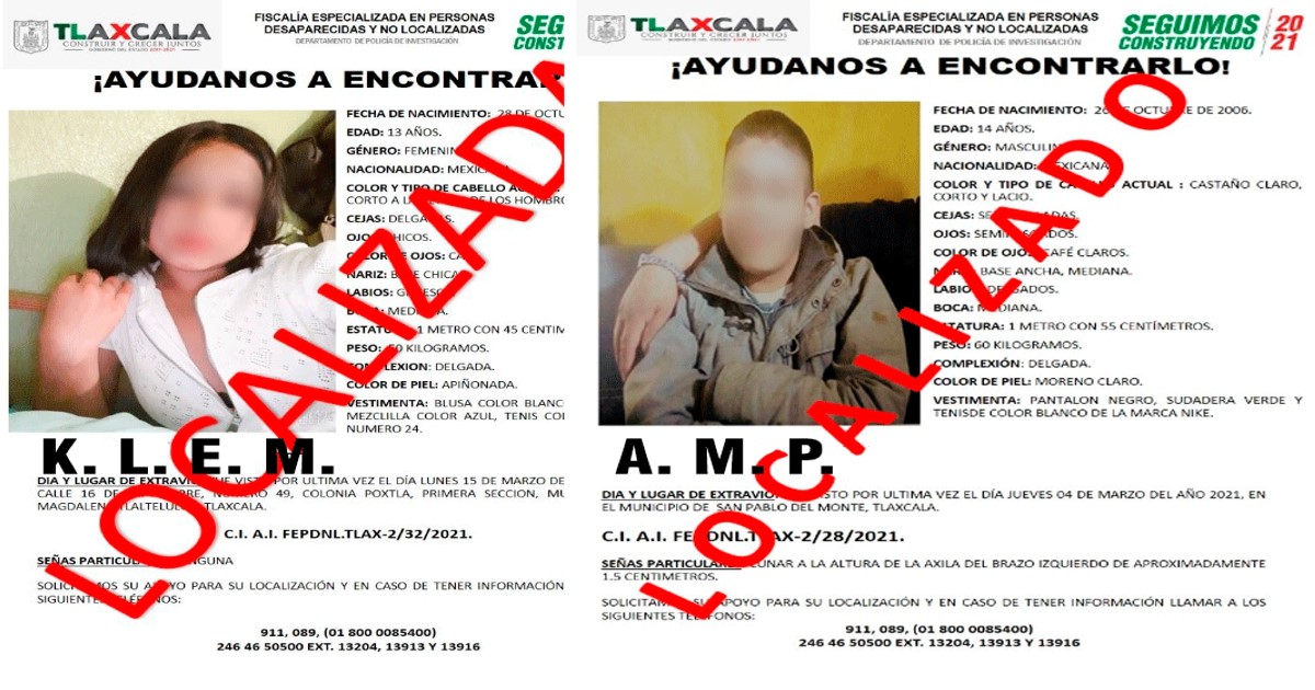 Foto: Cortesía PGJE localiza a dos menores de edad reportados como extraviados