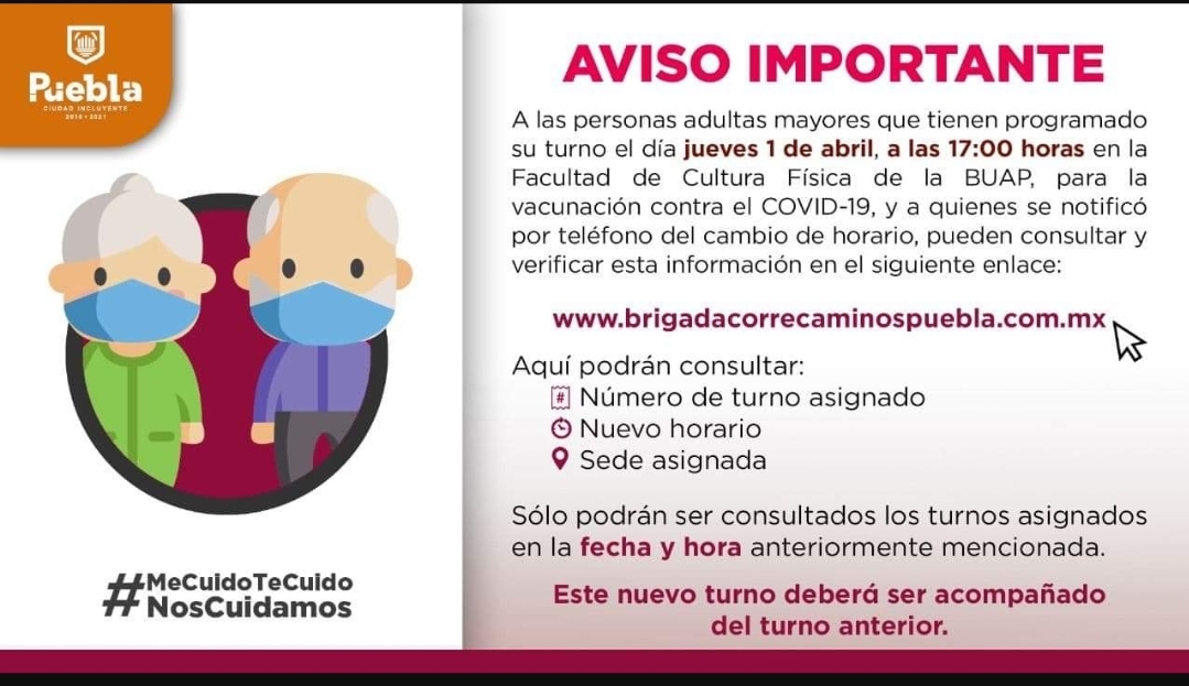 Por: Cortesía Adultos mayores en Puebla ya no serán vacunados en CU, tendrán que imprimir turno nuevo para otra sede