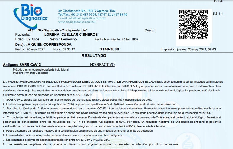 Por: Cortesía Lorena Cuéllar, negativo a COVID tras análisis clínicos