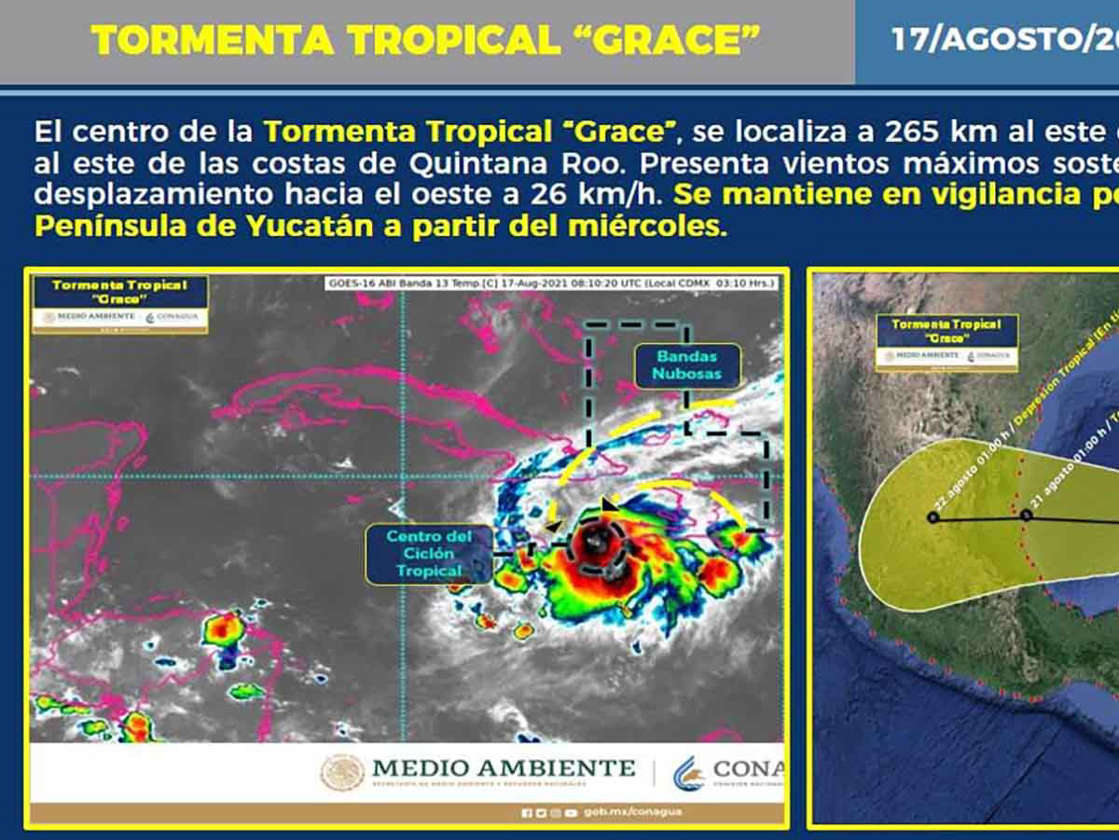 Por: Cortesía Tormenta tropical Grace llegará el miércoles a la Península de Yucatán