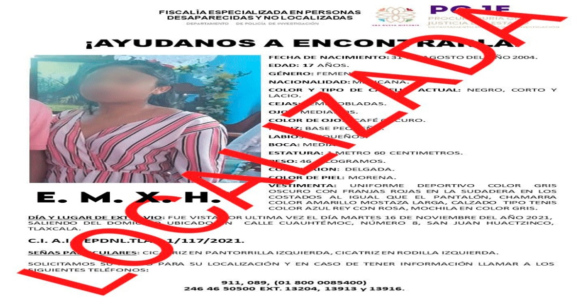 Por: Cortesía En menos de 24 horas localiza PGJE a menor reportada como extraviada en Huactzinco