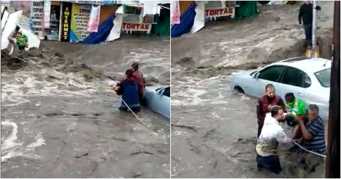Por: Cortesía Hombres rescatan a un bebé en inundaciones en Ecatepec, Edomex; video