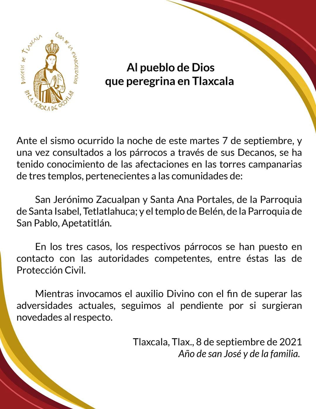 Por: Cortesía Suman 3 templos de Tlaxcala con daños por sismo