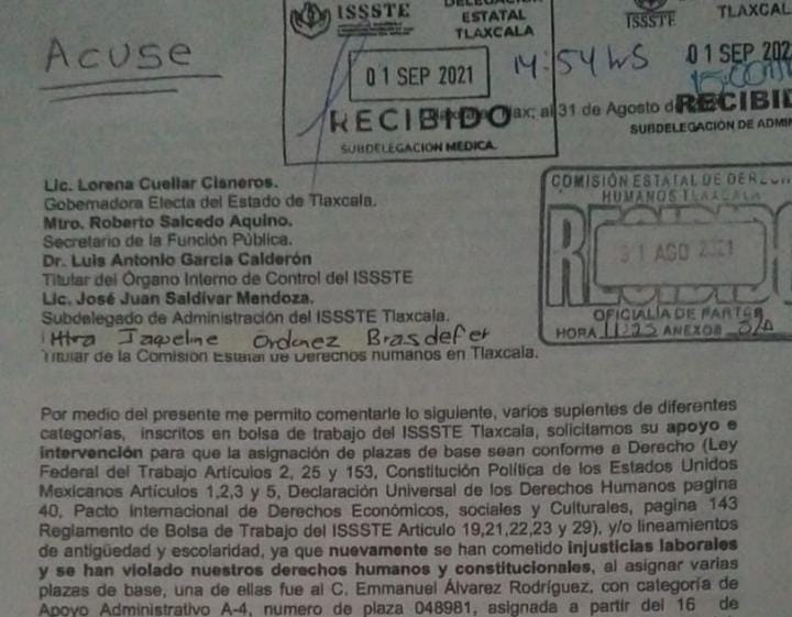 Por: Cortesía Por asignación ilegal de plazas en el ISSSTE, piden intervención de Lorena Cuéllar