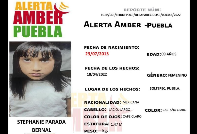 Por: Cortesía Se solicita de su apoyo para localizar a Stephanie de 9 años, vista por última vez en Soltepec