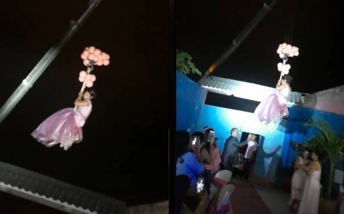 Por: Cortesía Quinceañera se vuelve viral al hacer su entrada triunfal descendiendo con una grúa