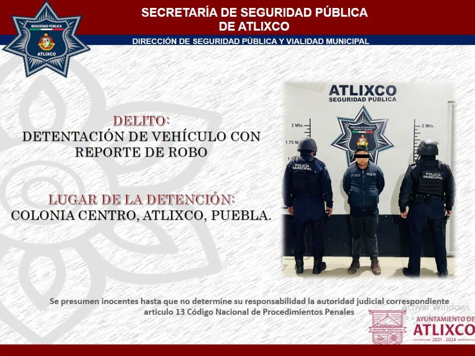 Por: Cortesía Recupera Seguridad Pública de Atlixco auto con reporte de robo