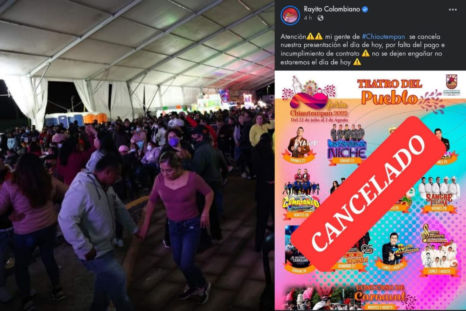 Rayito Colombiano acusa a alcalde de Chiautempan por incumplido