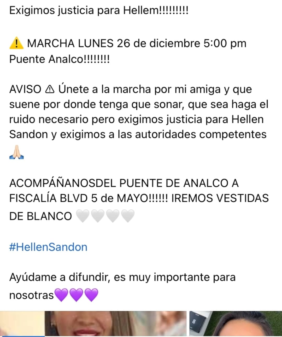 Convocan a marcha para exigir justicia por el asesinato de Wendy Hellem Sandon Herrera