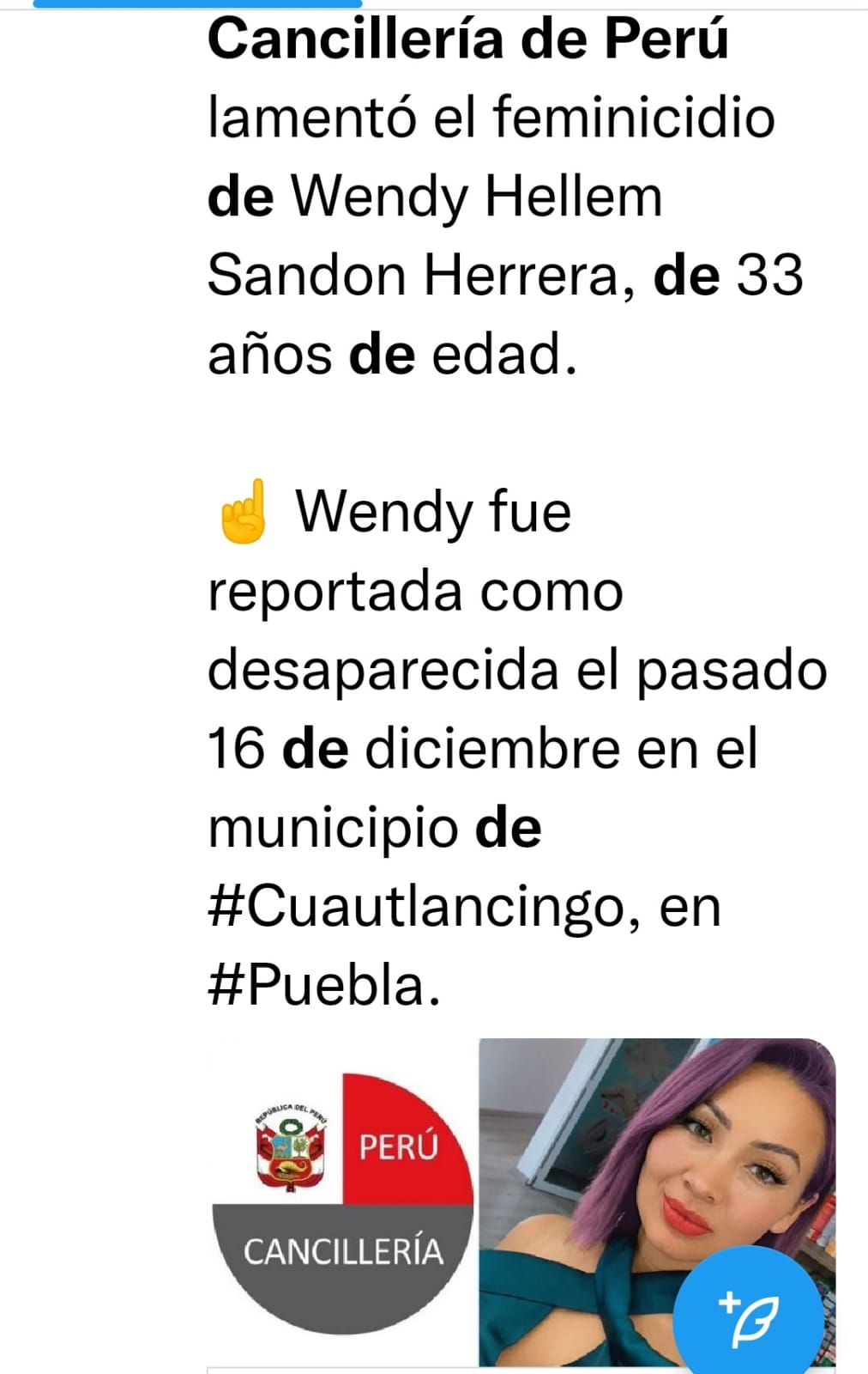 Por: Cortesía Lula Pineda Cancillería de Perú se dice atenta al curso del caso de Wendy Hellem Sandon Herrera