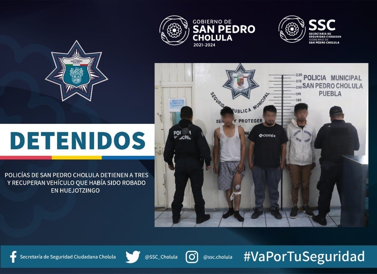 Por: Cortesía Lula Pineda Policías de San Pedro Cholula detienen a tres y recuperan vehículo que había sido robado en Huejotzingo