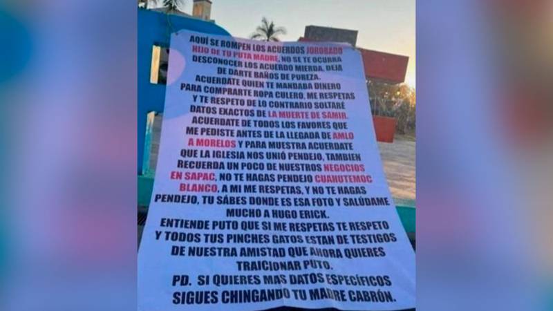 Por: Cortesía Aparece ‘narcomanta’ con amenaza al gobernador Cuauhtémoc Blanco