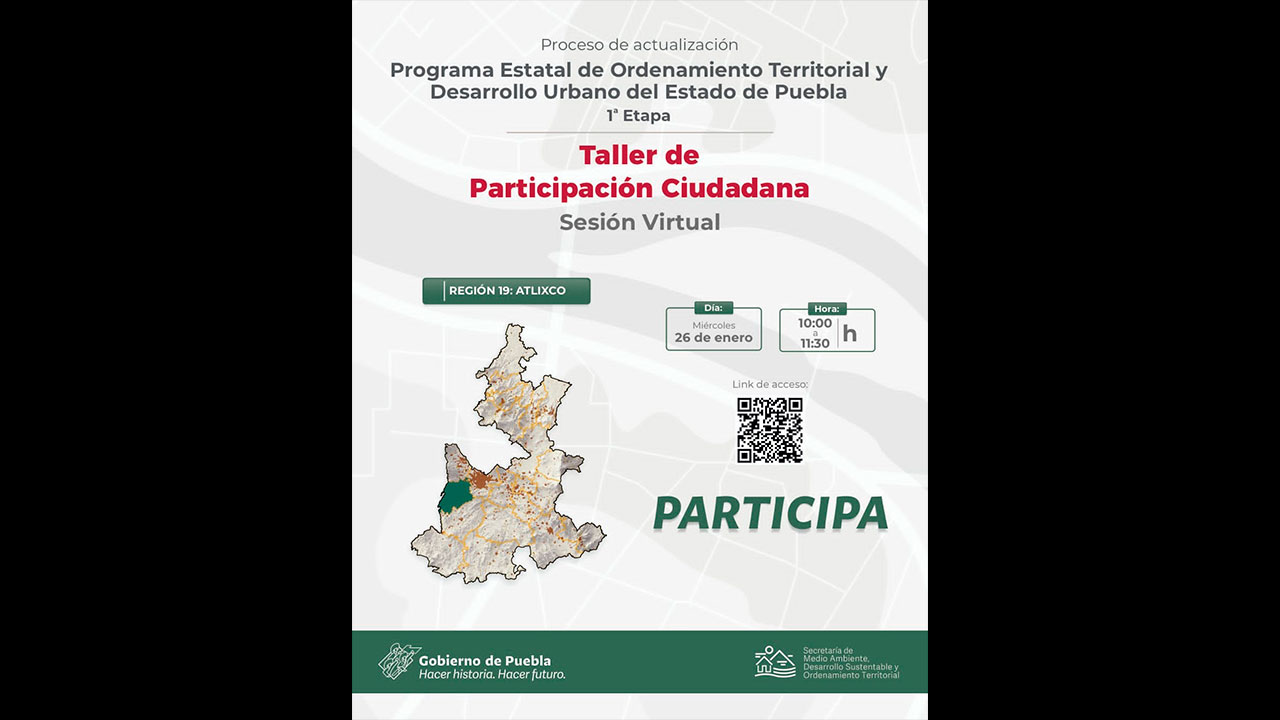 Por: Cortesía Ordenamiento territorial del estado invita a atlixquenses a colaborar en taller de participación ciudadana
