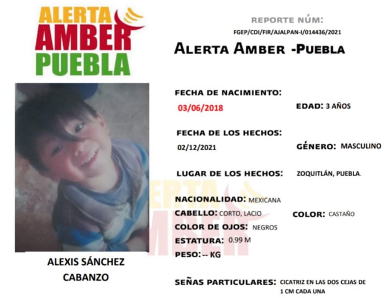 Por: Cortesía Alerta Amber: Se busca a Alexis Sánchez de 3 años, fue robado en Zoquitlán